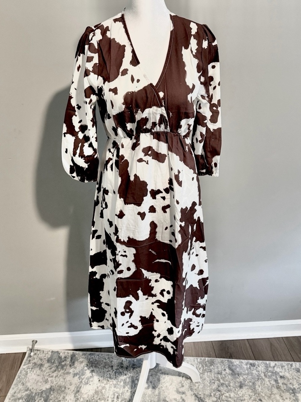 NWOT Cow Print Midi Dress Size Large V-Neck Empire Waist A-Line Western Teacher